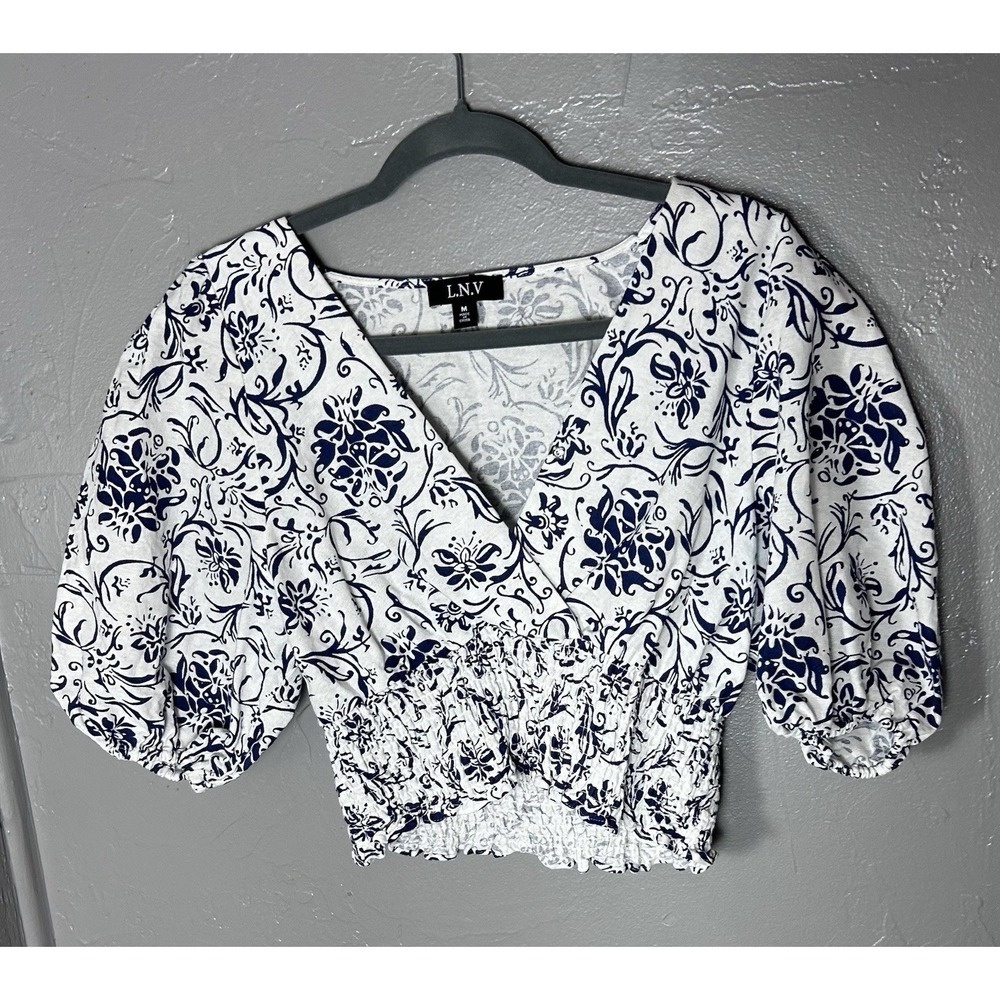 LNV women's Cotton Linen Cropped Top W/short bubble Sleeves Size M Smocked Waist